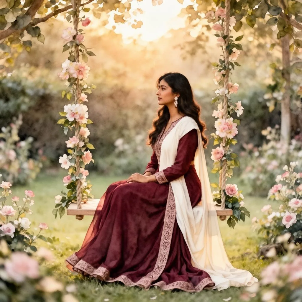 Anika in a maroon outfit on a flower-decorated garden swing at golden hour