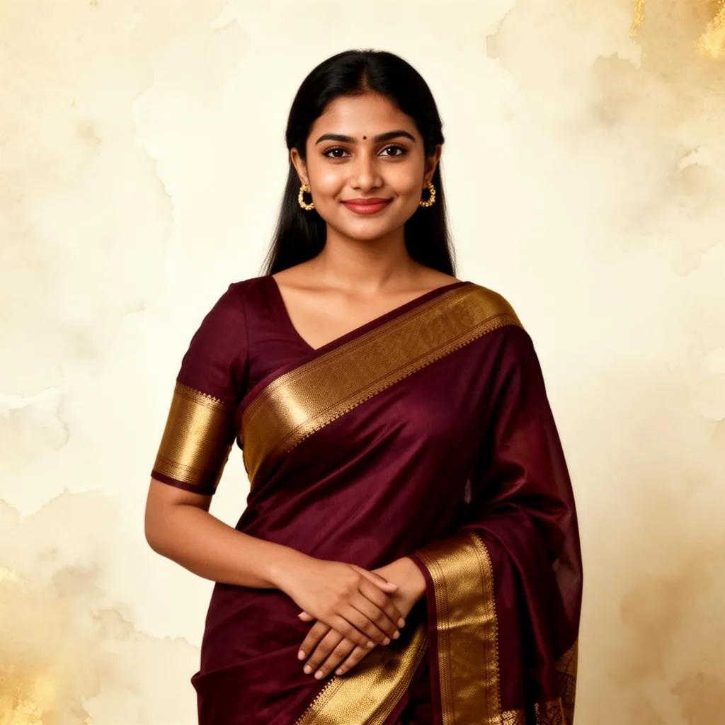 Miskatul Afrin Anika, founder of Nongorr, in a maroon and gold saree